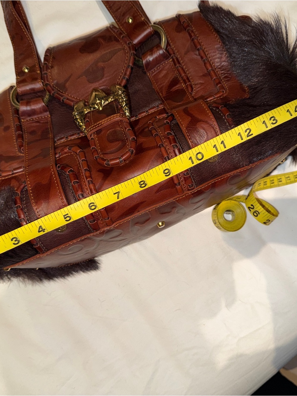 Just Cavalli Vintage brownLeather and Fur Accent Shoulder Bag with Gold Hardware - Picture 16 of 16
